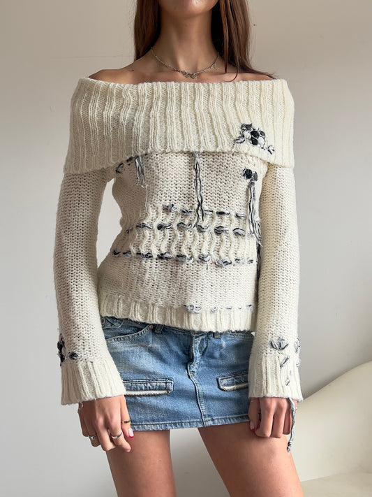 90s Off The Shoulder Mohair Knit Sweater - Size S