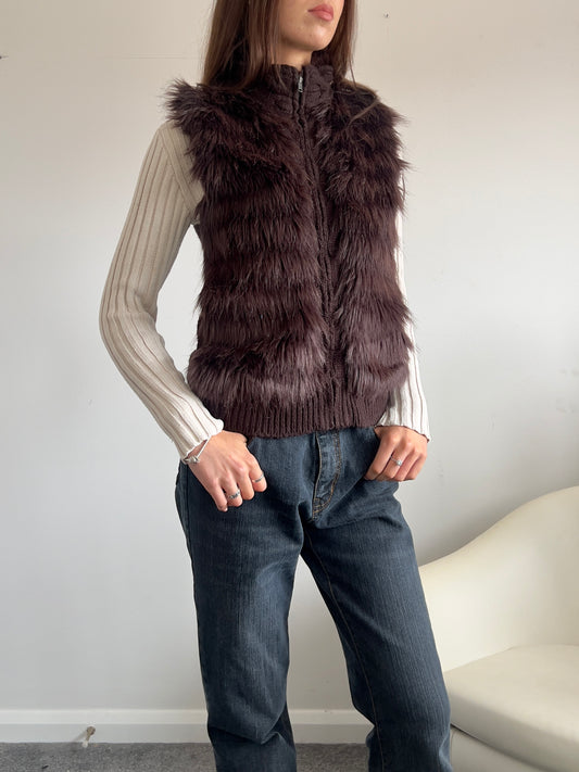 00s Knit & Faux Fur Gilet Jacket - Size M
