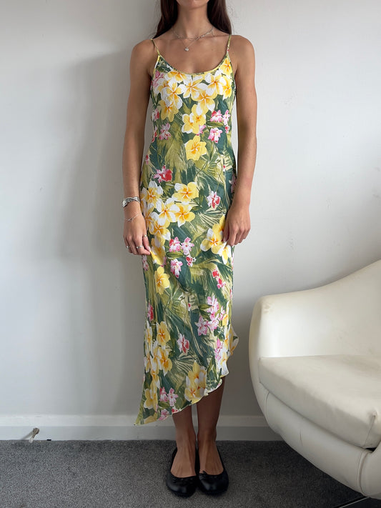90s Floral Asymmetric Maxi Dress - Size M
