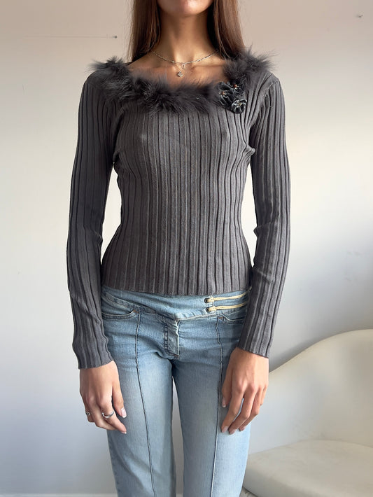 90s Faux Fur Bardot Cashmere Knit Sweater - Size S