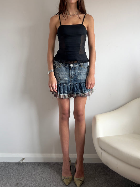 00s Denim Plaid Ruffle Mini Skirt - Size M