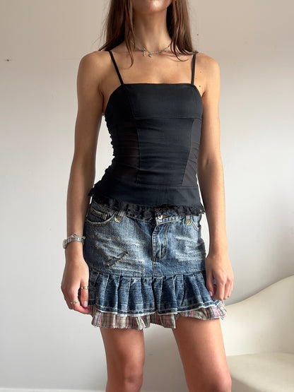 00s Denim Plaid Ruffle Mini Skirt - Size M