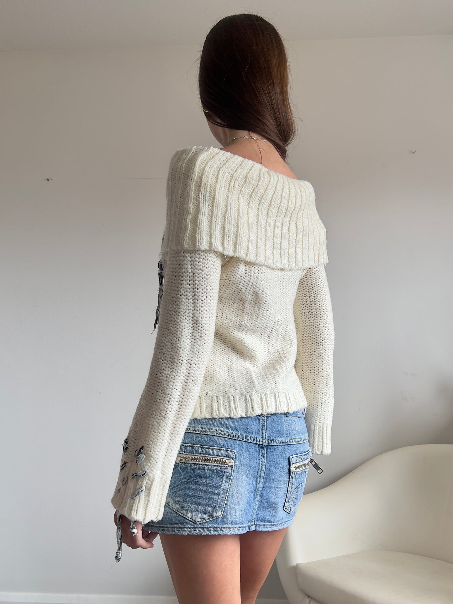 90s Off The Shoulder Mohair Knit Sweater - Size S