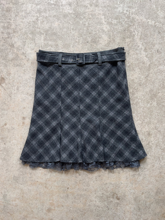 90s Wool & Lace Plaid Buckle Midi Skirt - Size M