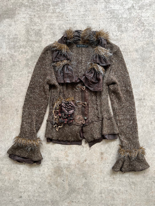 90s Faux Fur & Knit Zip Up Cardigan - Size M