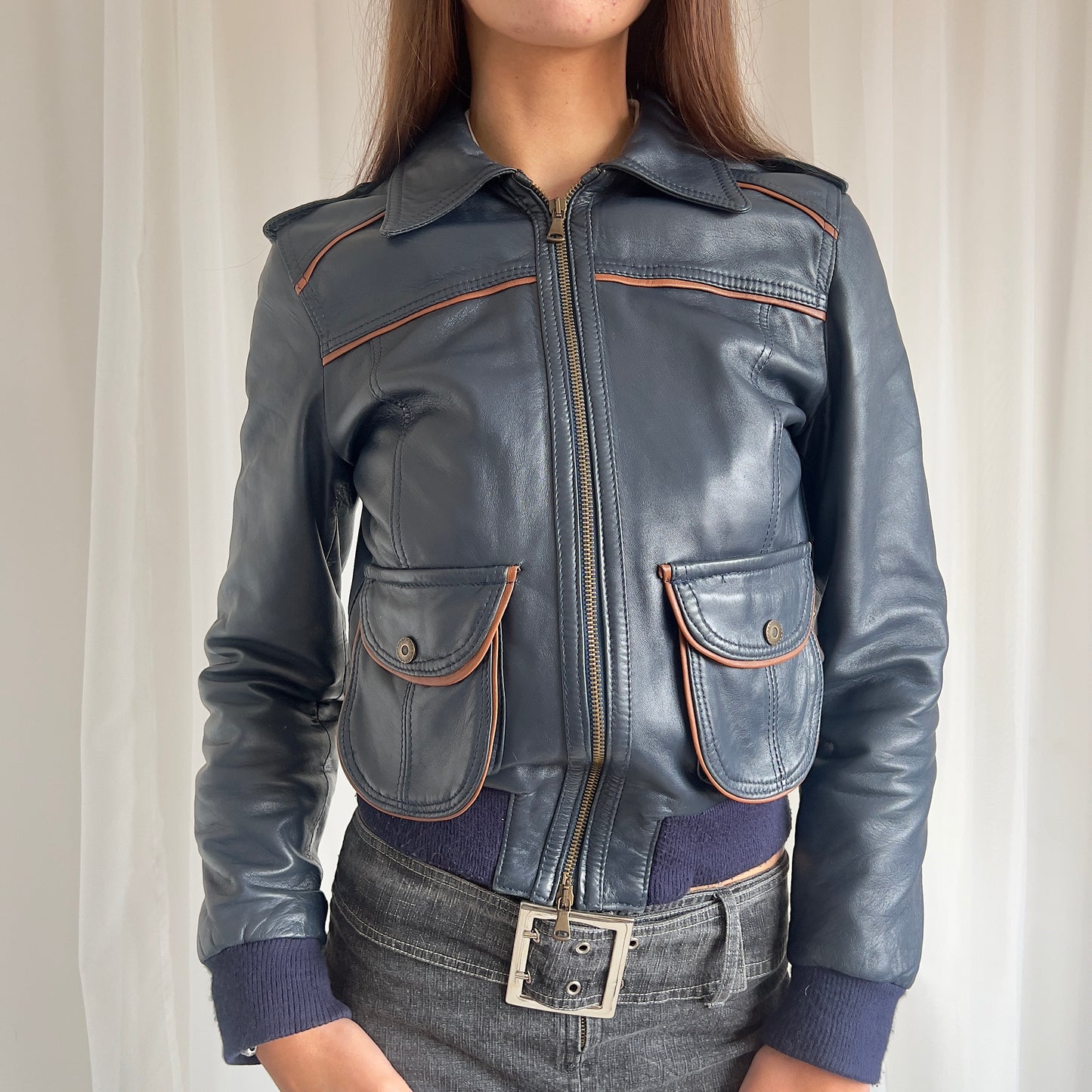 90s Genuine Leather Double Zip Jacket - Size L