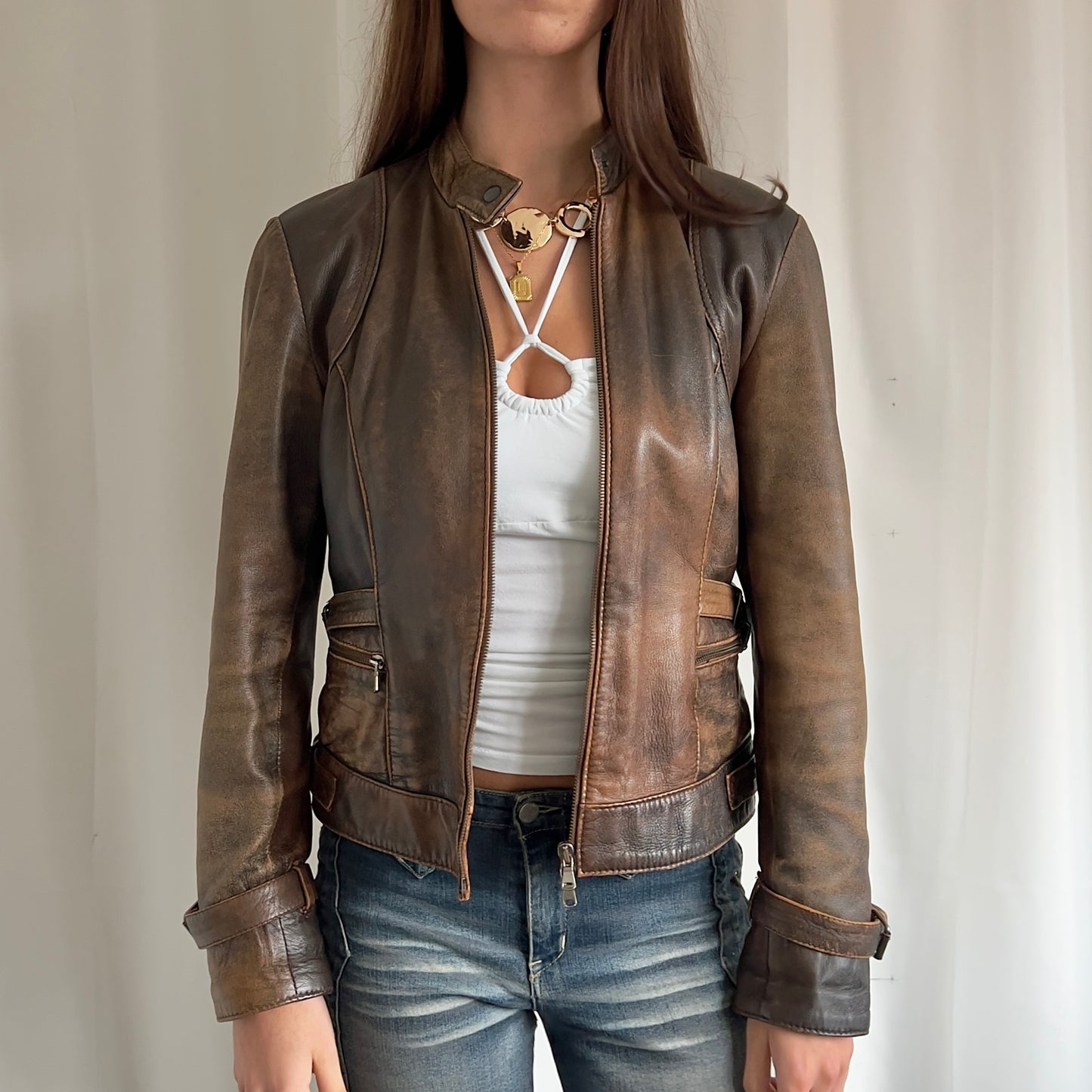 90s Leather Double Zip Jacket - Size M