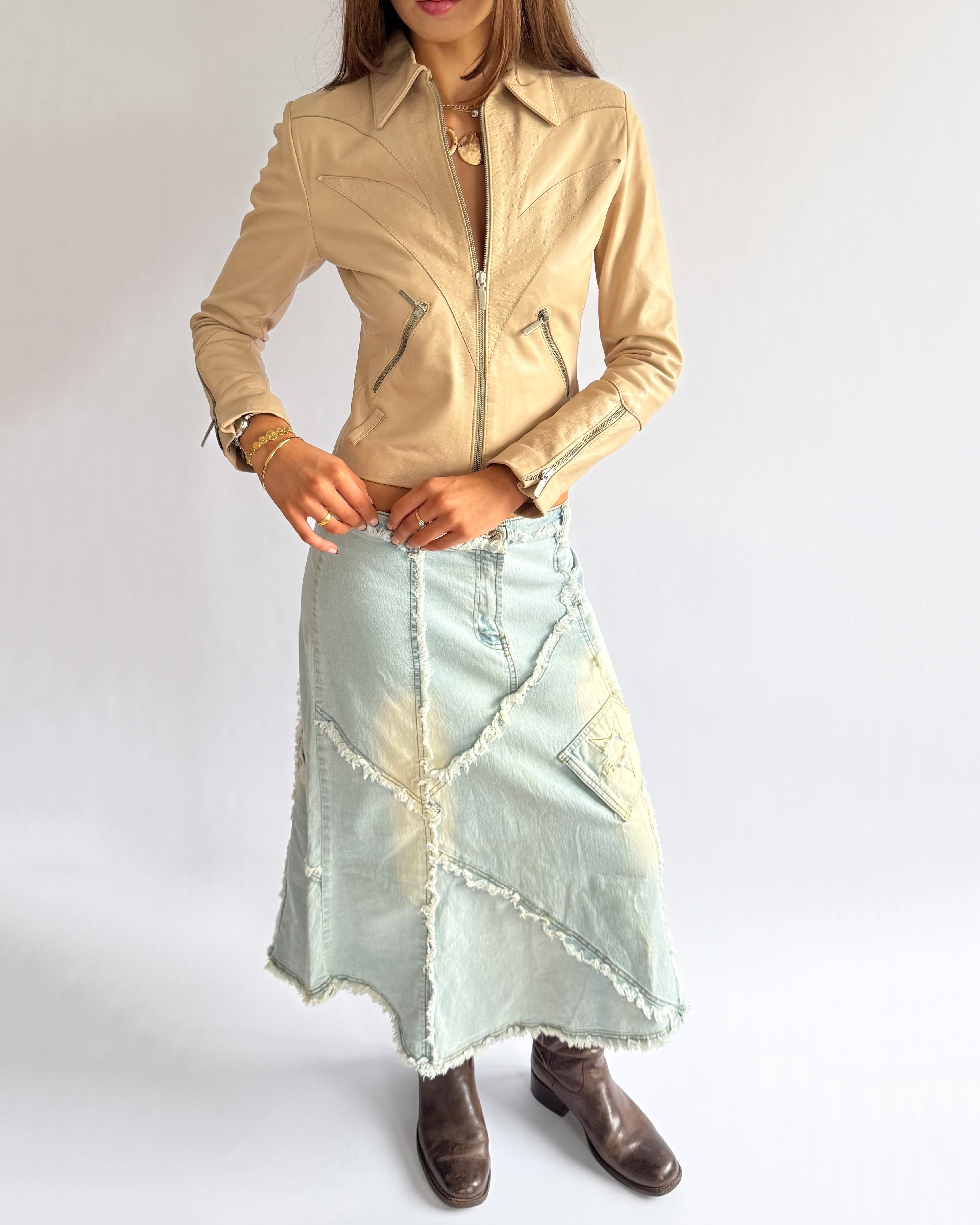 Patchwork Denim Maxi Skirt - Size M