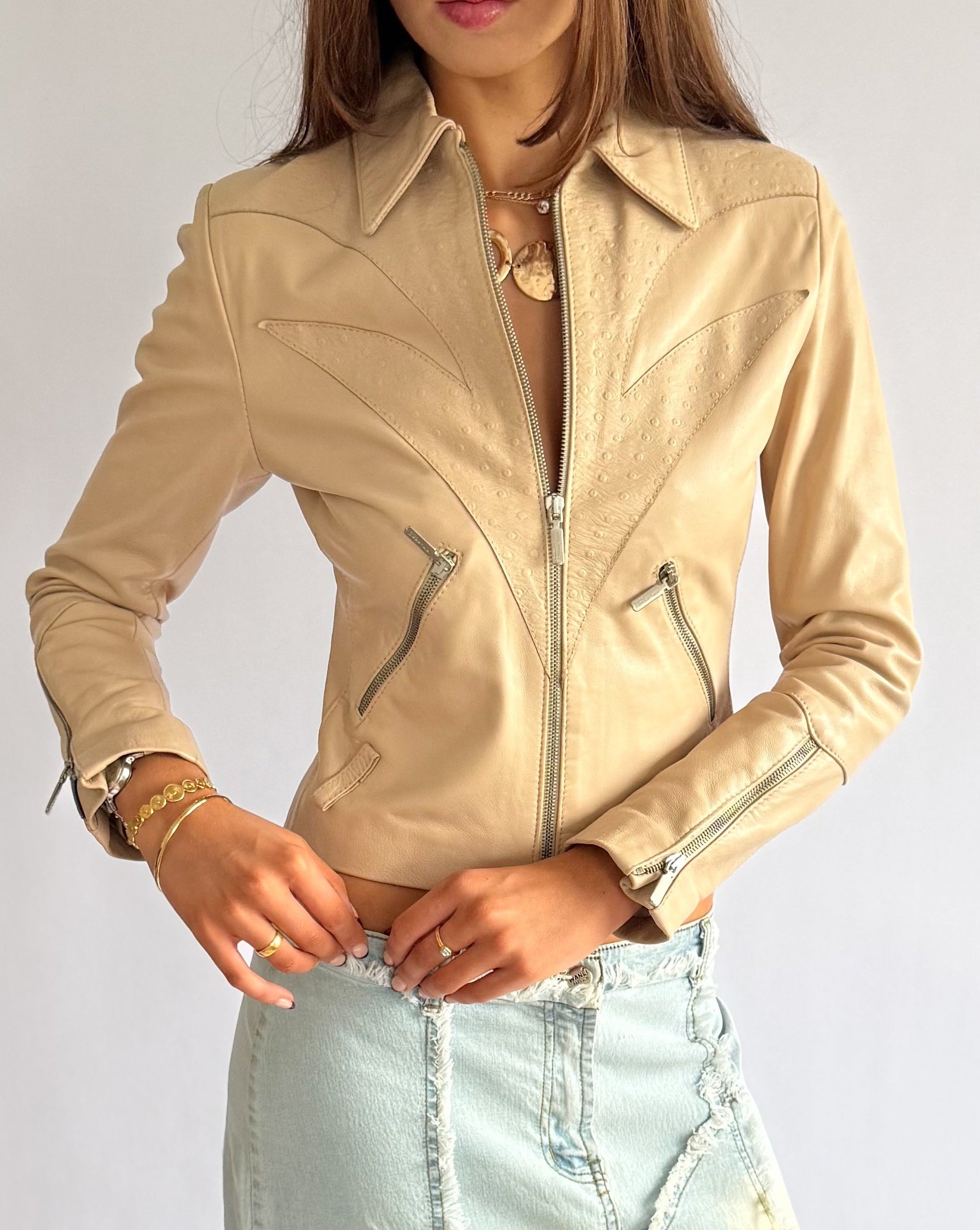 Genuine Leather Double Zip Jacket - Size S