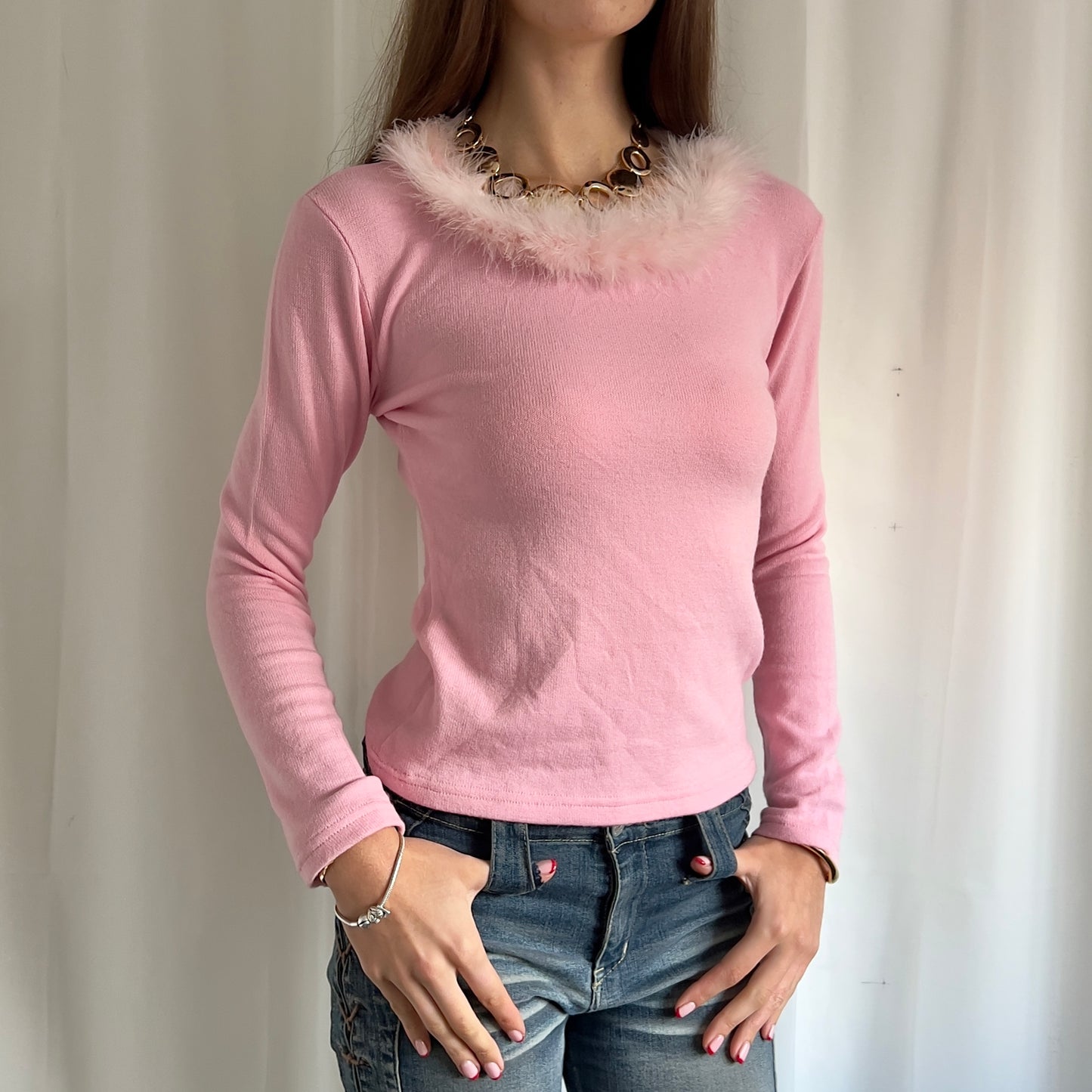 90s Knit & Fur Trim Jumper - Size S