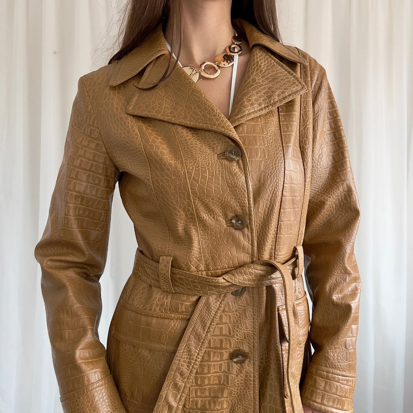 90s Faux Leather Trench Coat - Size S