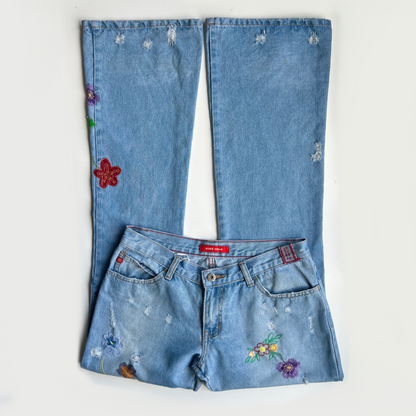 00s Floral Low Rise Flared Jeans - Size L