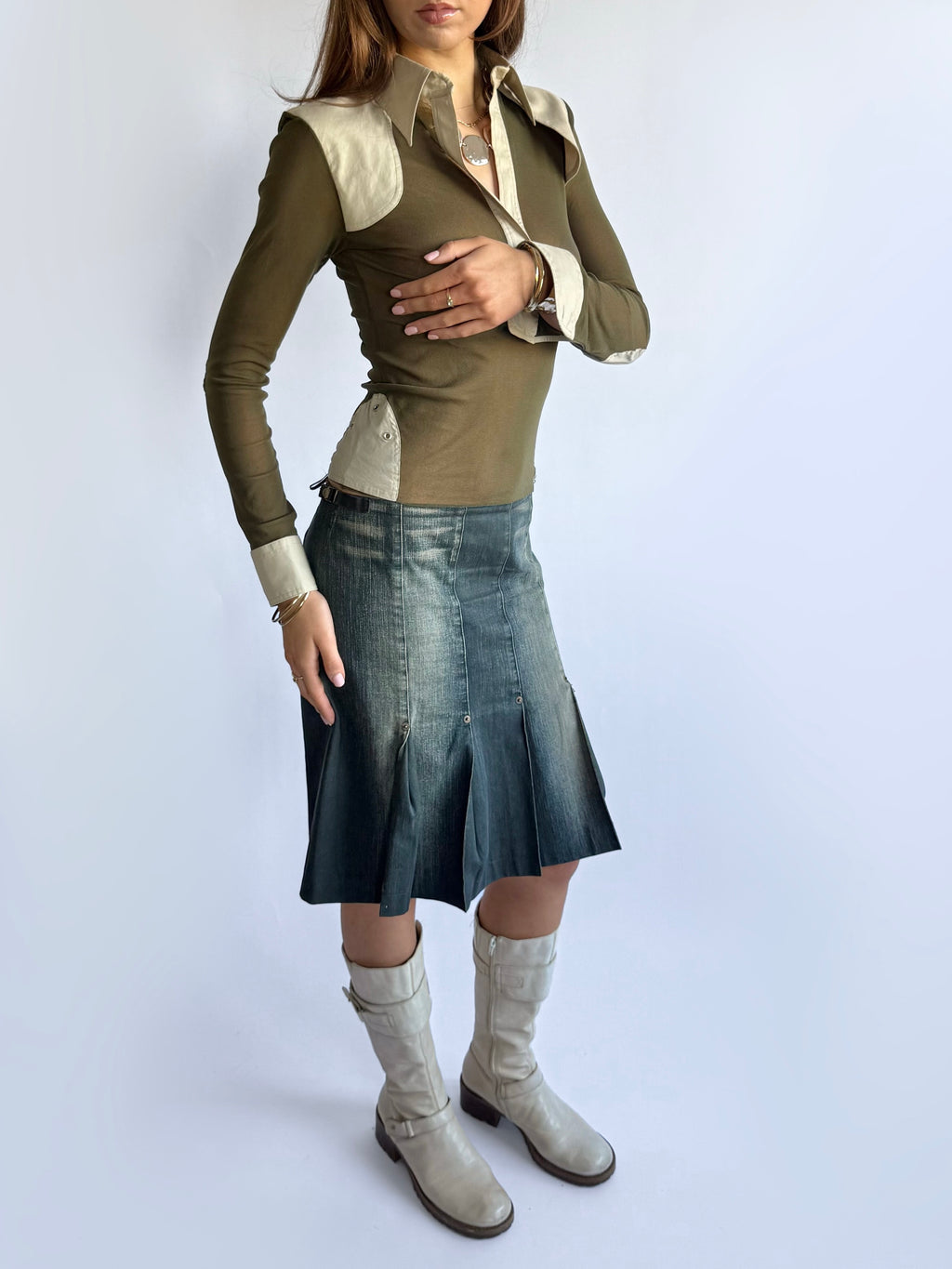 Denim Pleated Midi Skirt - Size S