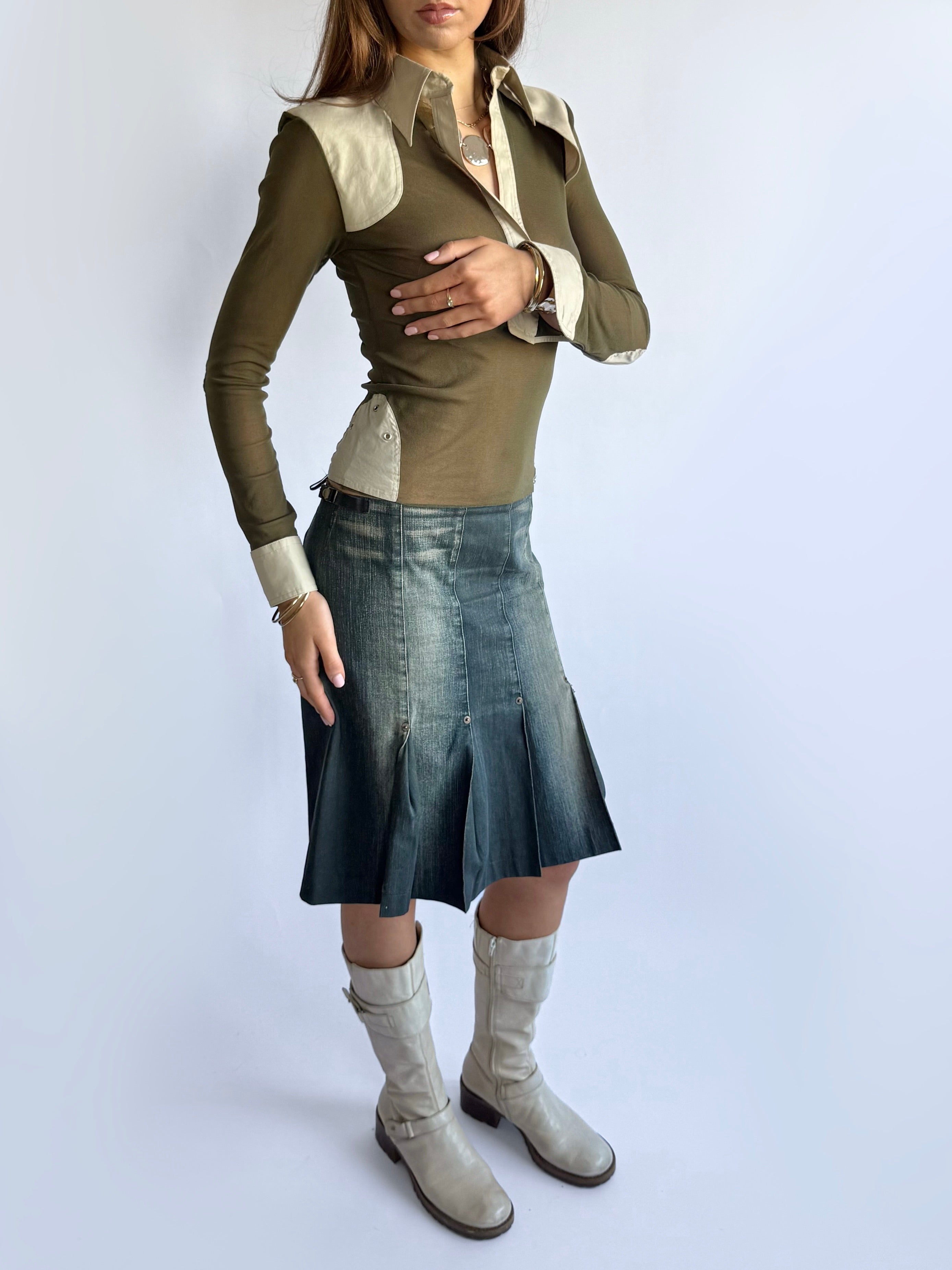 Denim Pleated Midi Skirt - Size S