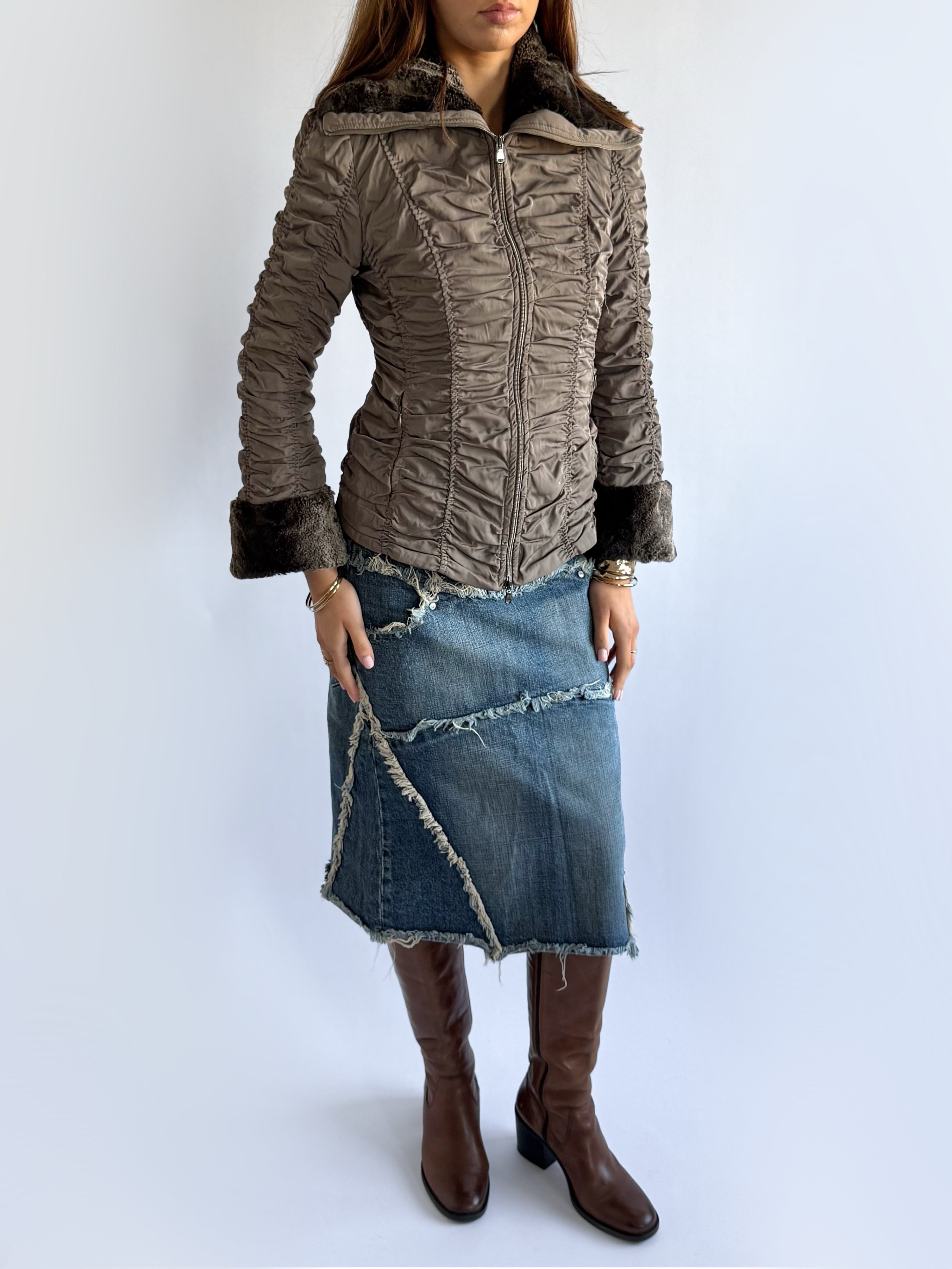 Faux Fur Ruched Puffer Jacket - Size S