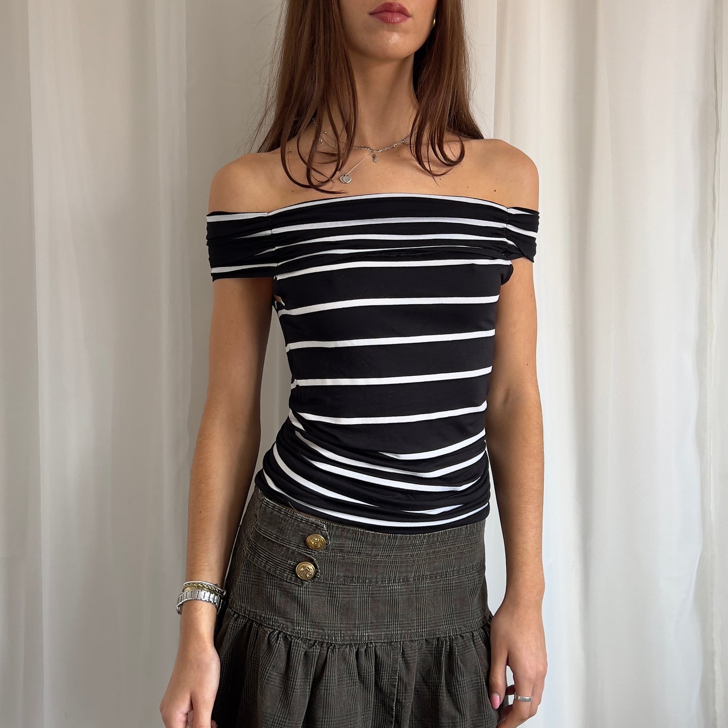 00s Off The Shoulder Striped Top - Size M