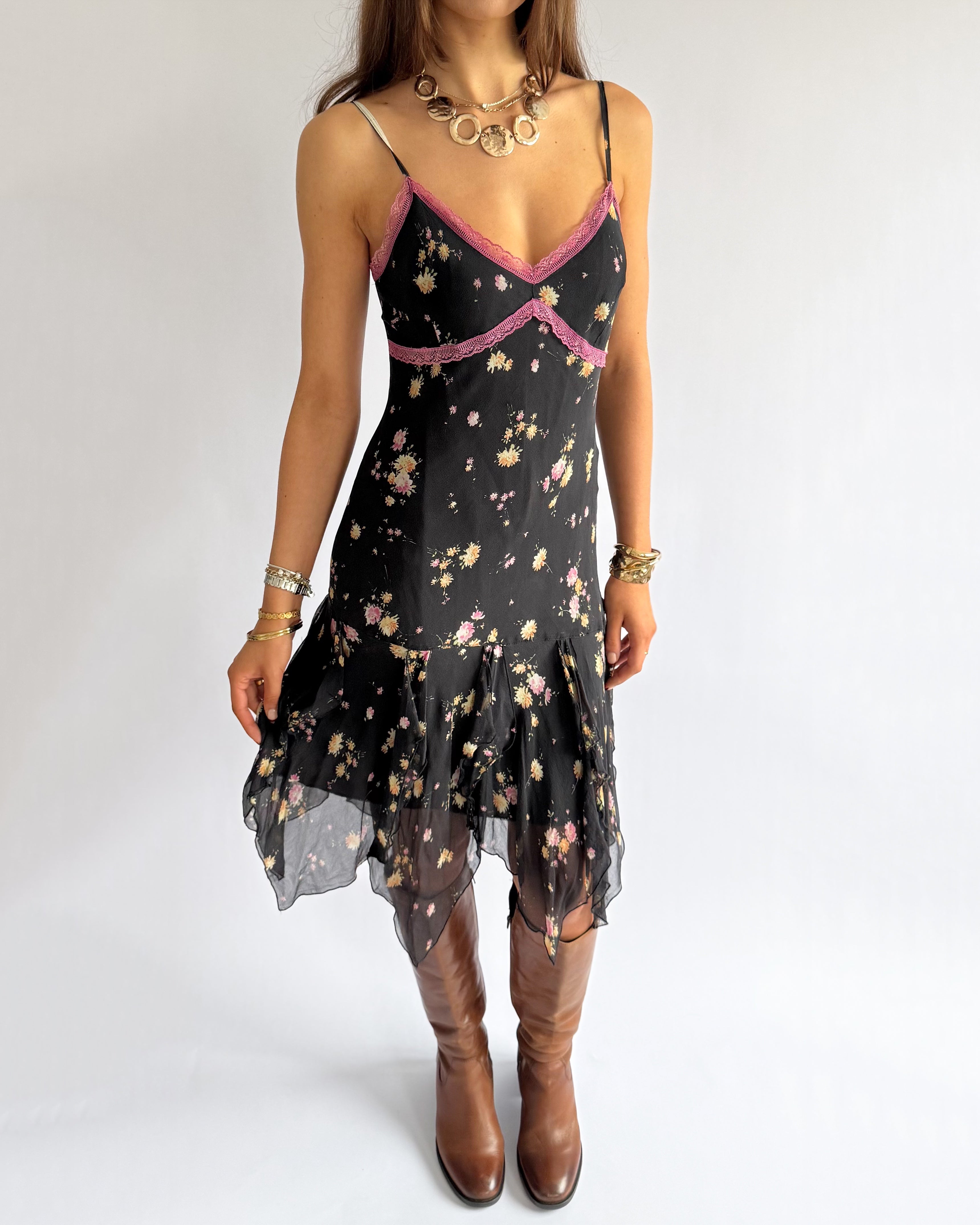 100% Silk Floral Asymmetric Midi Dress - Size L