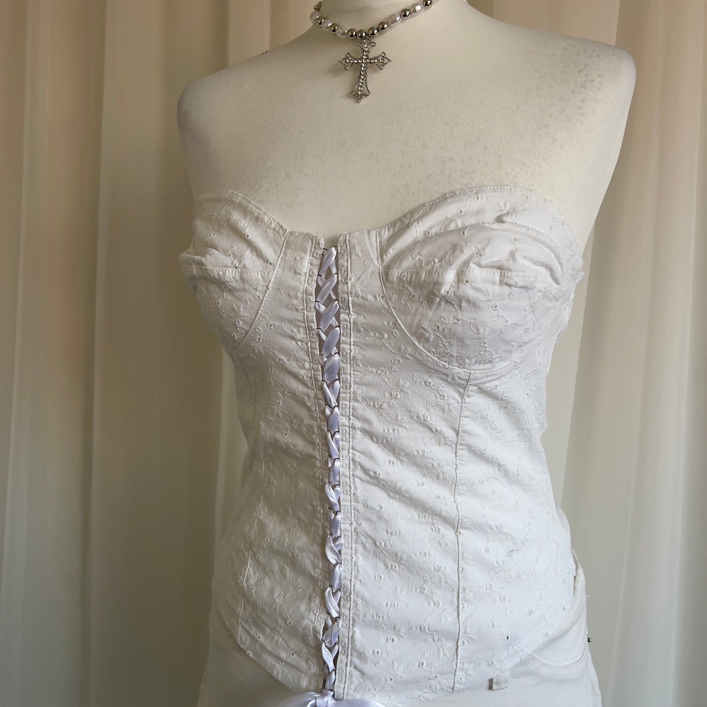 90s Broderie Lace Up Corset Top - Size L