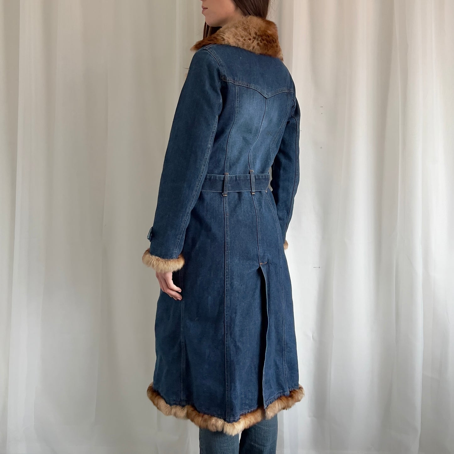 90s Denim & Fur Trench Coat - Size M