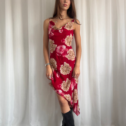 90s Asymmetric Floral Midi Dress - Size M