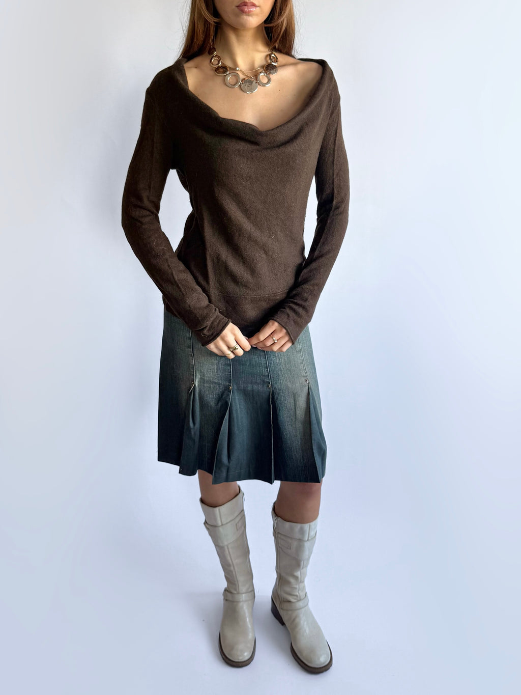 Wool Knit Cowl Neck Jumper - Size L