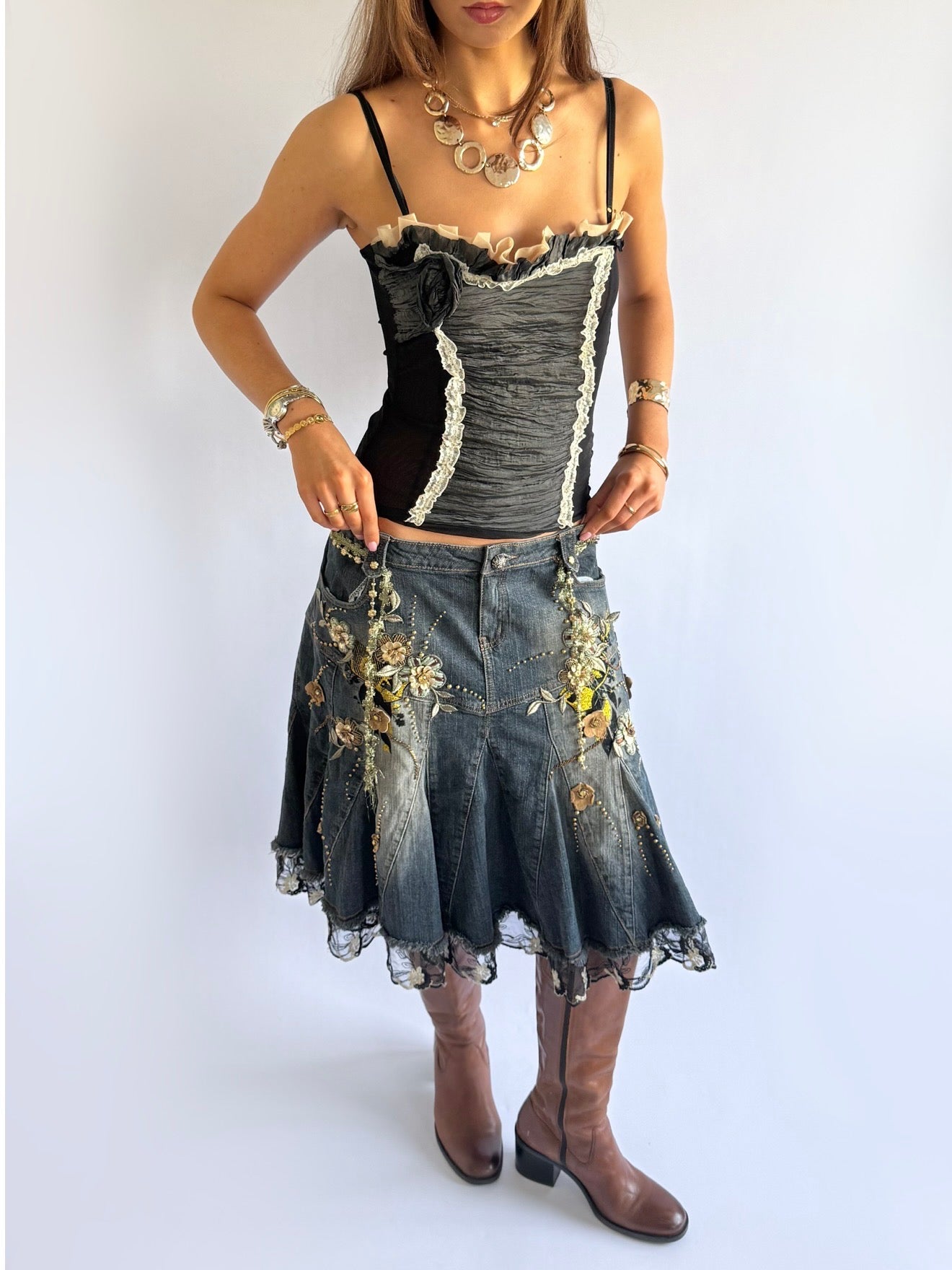 Denim Lace Midi Skirt - Size L