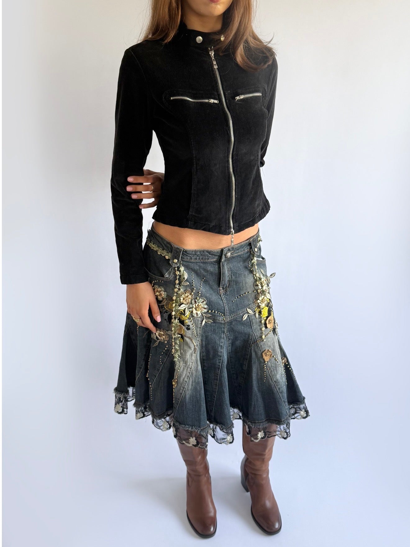 Corduroy Double Zip Up Jacket - Size S