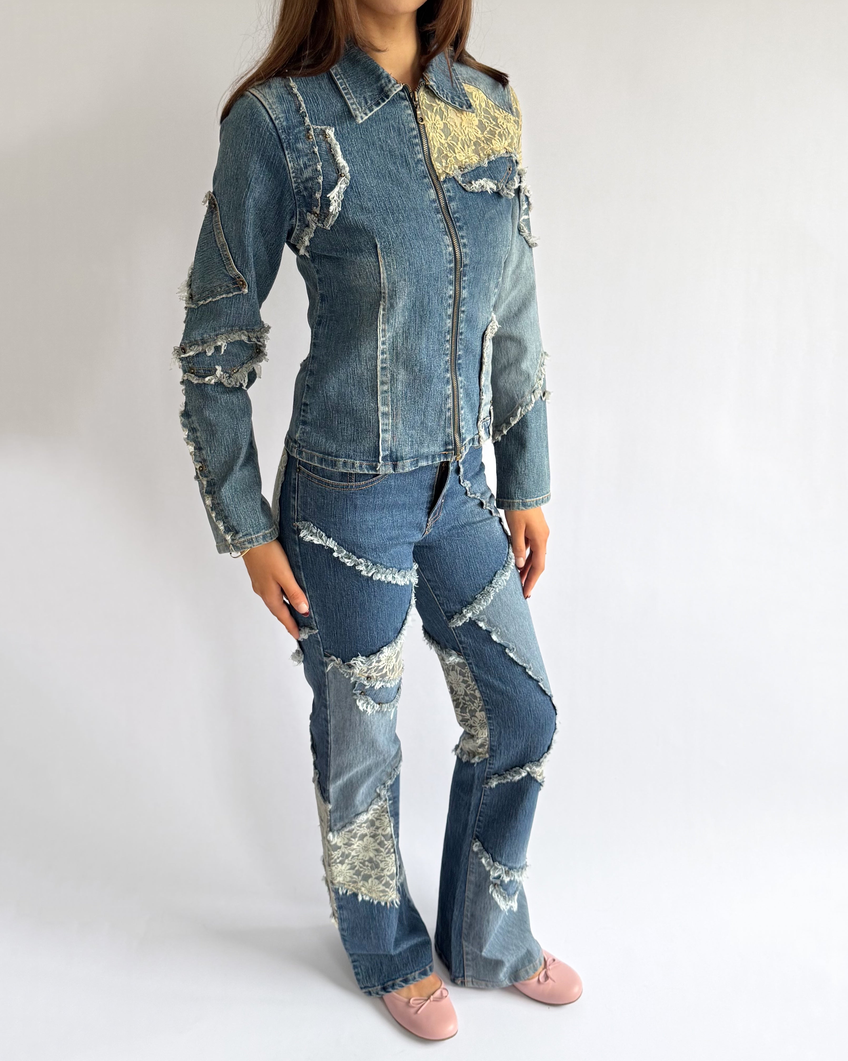 Patchwork Denim Jacket & Jeans Matching Set - Size S