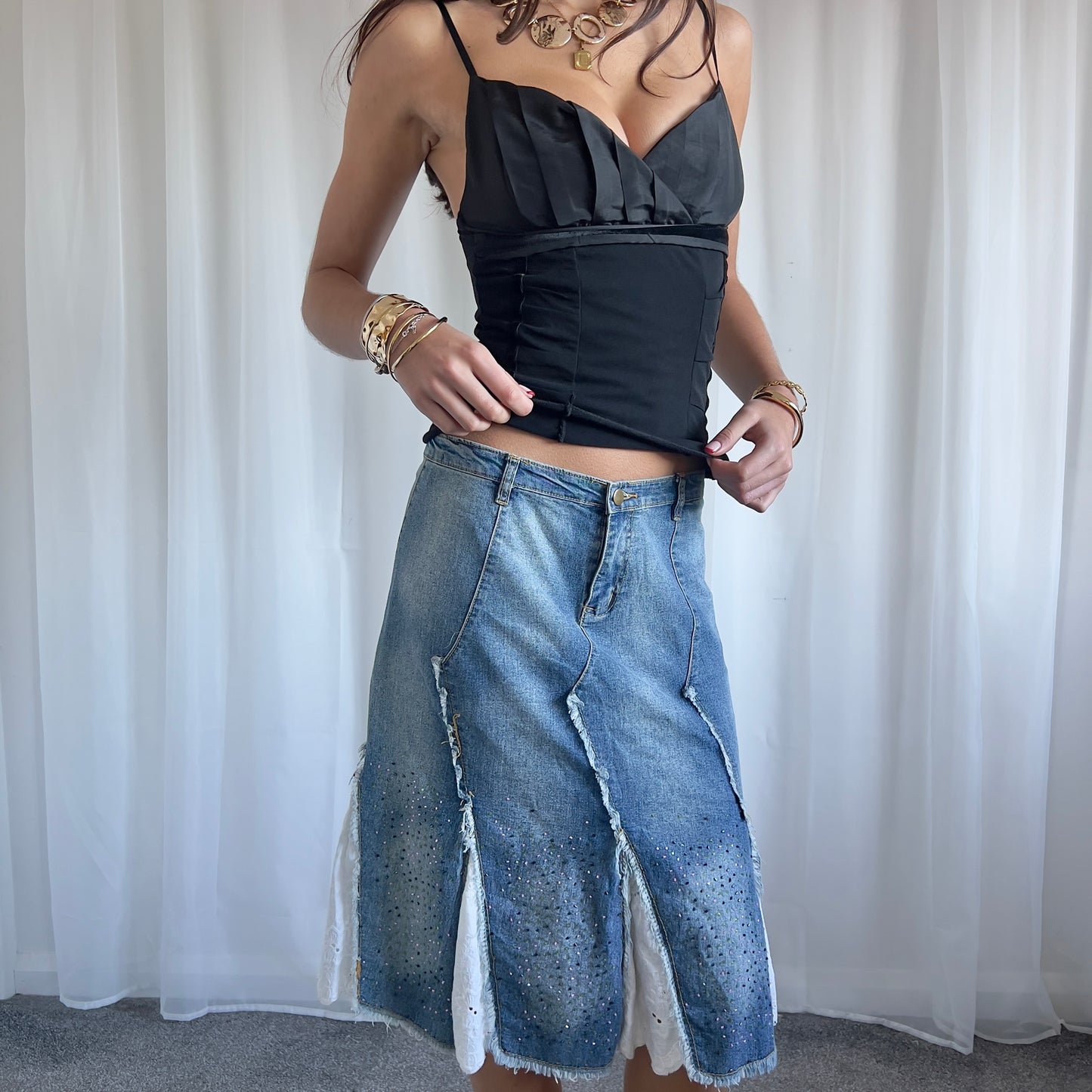 90s Beaded Denim Midi Skirt - Size S