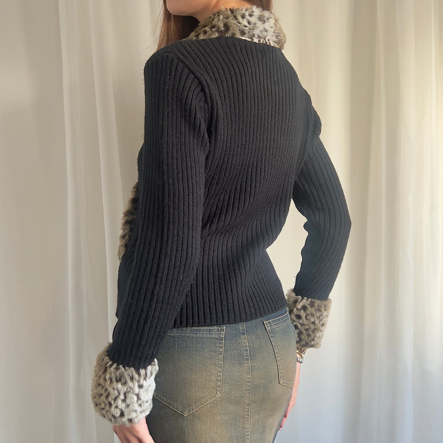 00s Knit & Faux Fur Double Zip Up Jumper - Size L