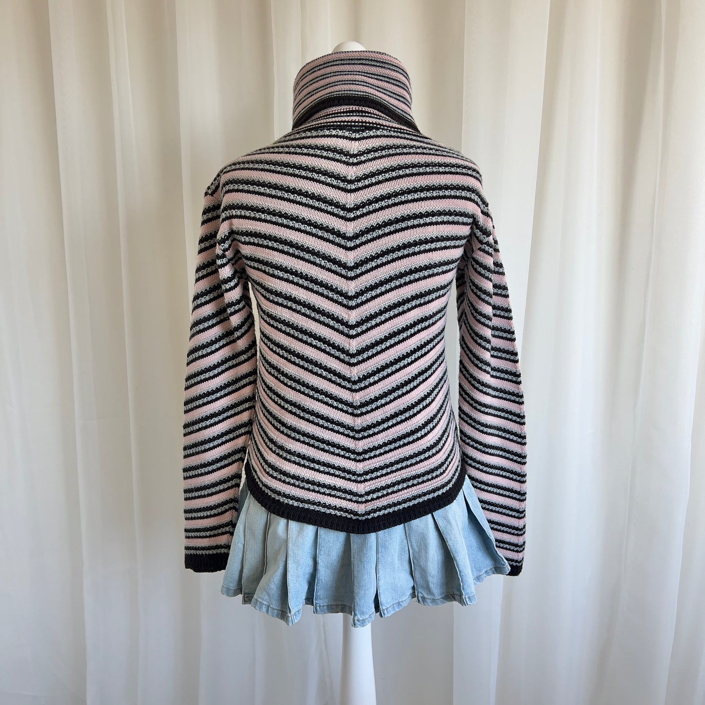 00s Striped Chunky Knit Roll Neck Jumper - Size M