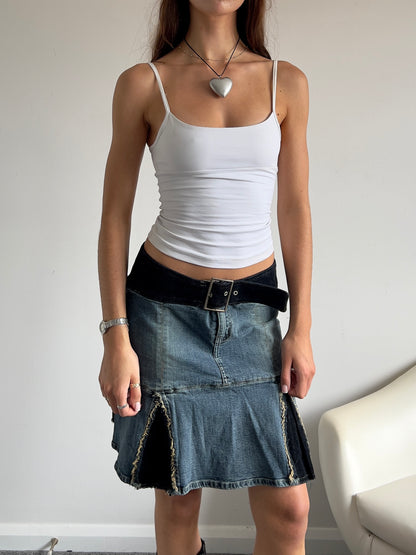 00s Corduroy & Denim Buckle Pleated Mini Skirt - Size M