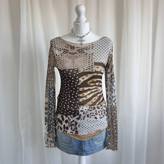 90s Leopard Mesh Long Sleeve - Size L