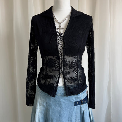 90s Sheer Lace Up Shirt - Size S