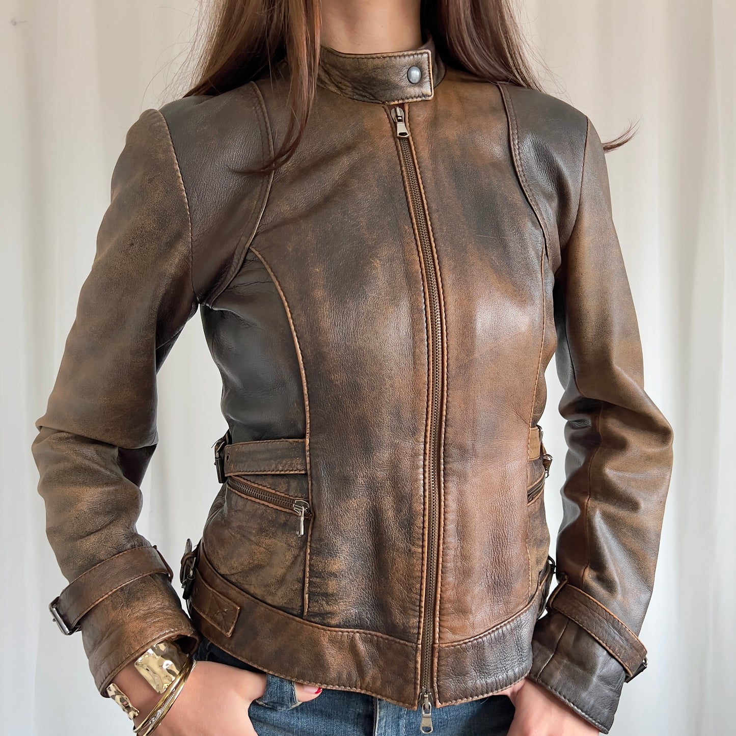 90s Leather Double Zip Jacket - Size M