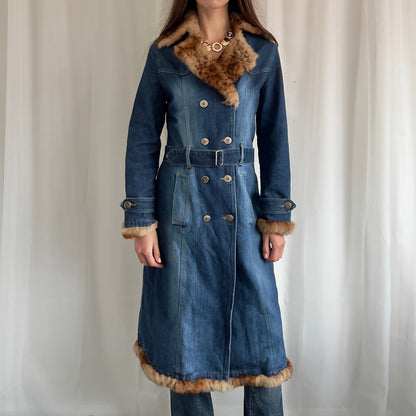 90s Denim & Fur Trench Coat - Size M