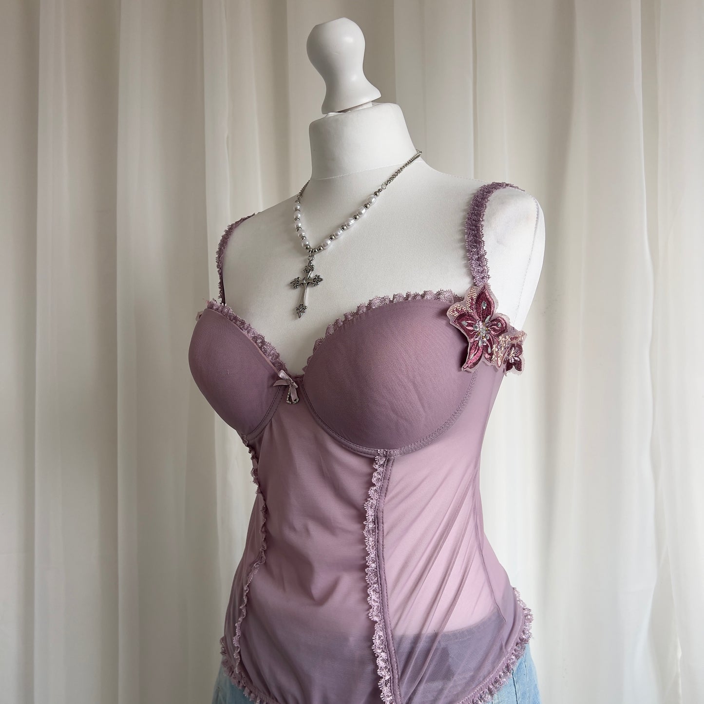 90s Sheer Lace Corset Cami - Size L