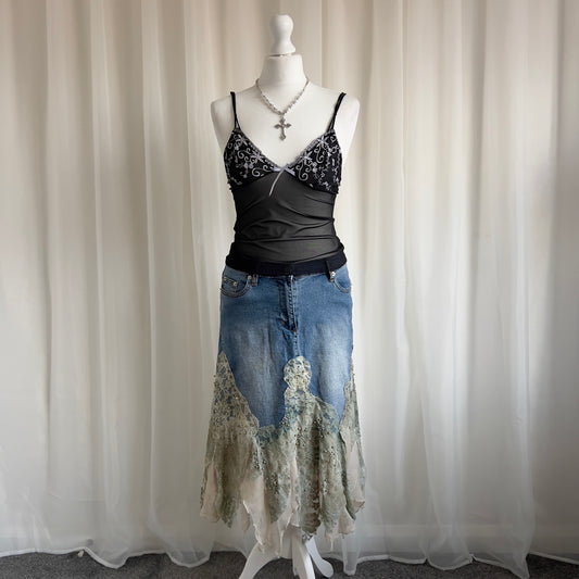 00s Denim Lace Asymmetric Midi Skirt - Size M