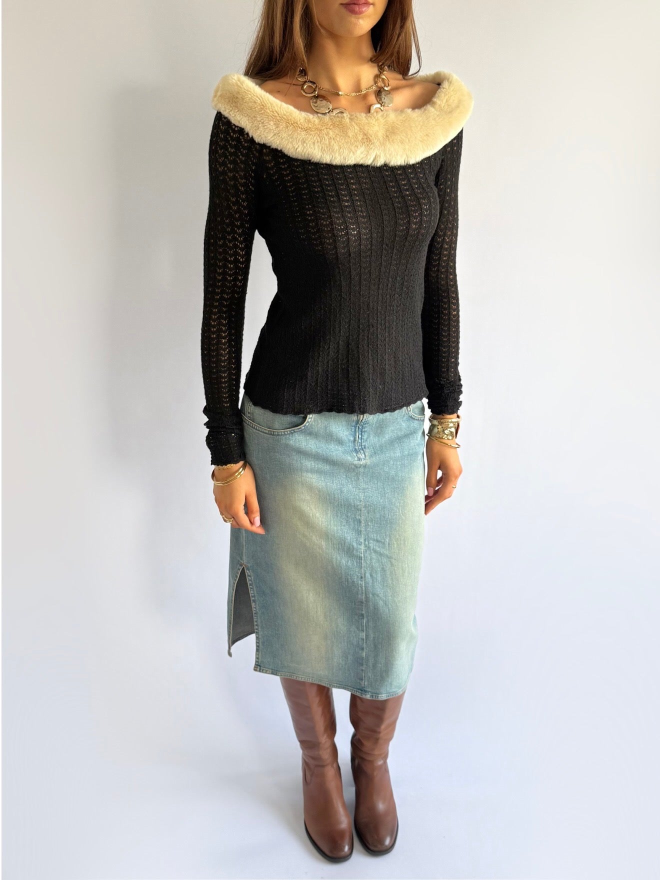 Blumarine Knit Faux Fur Bardot Jumper - Size M