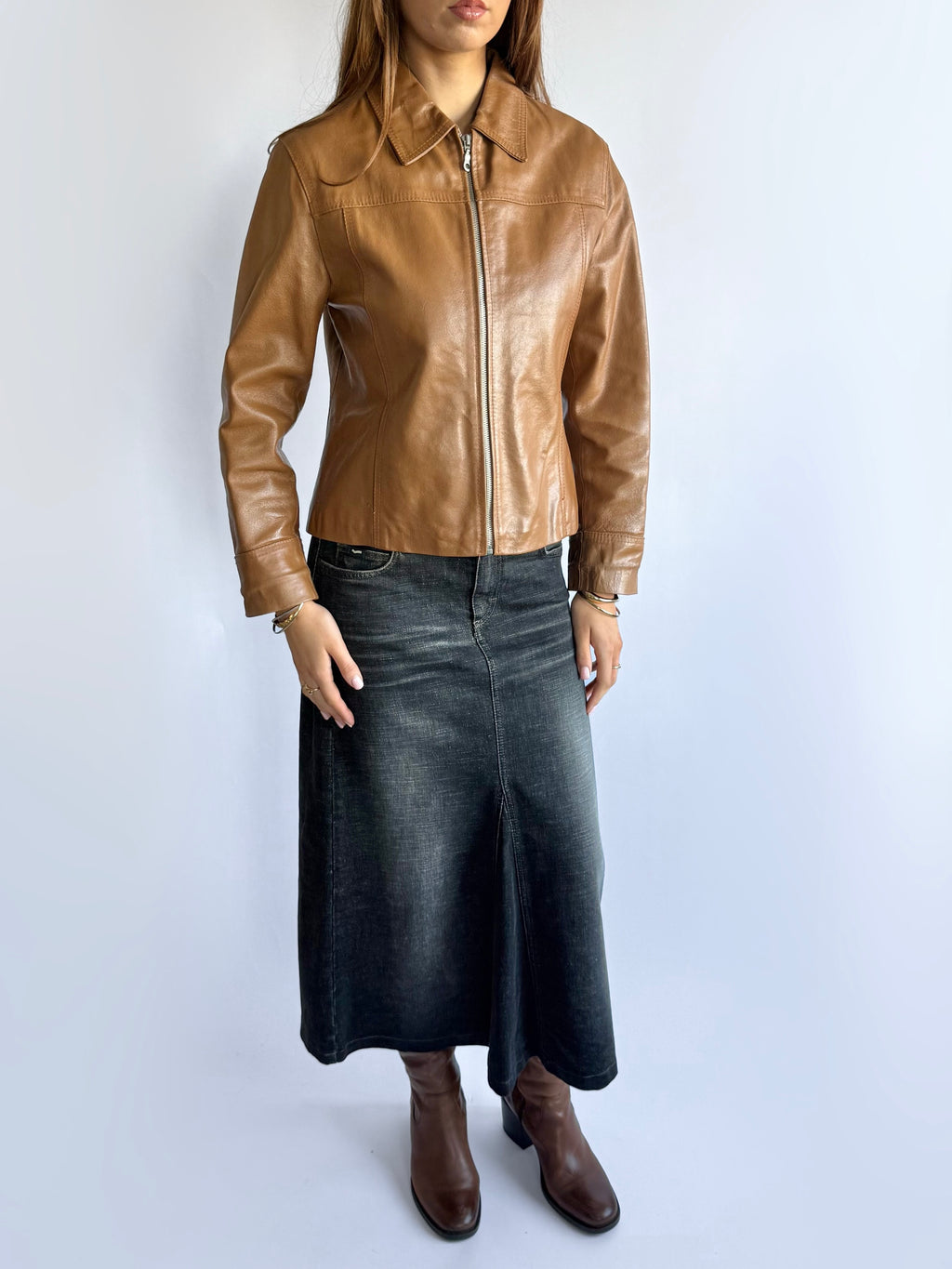 Genuine Leather Zip Jacket - Size M