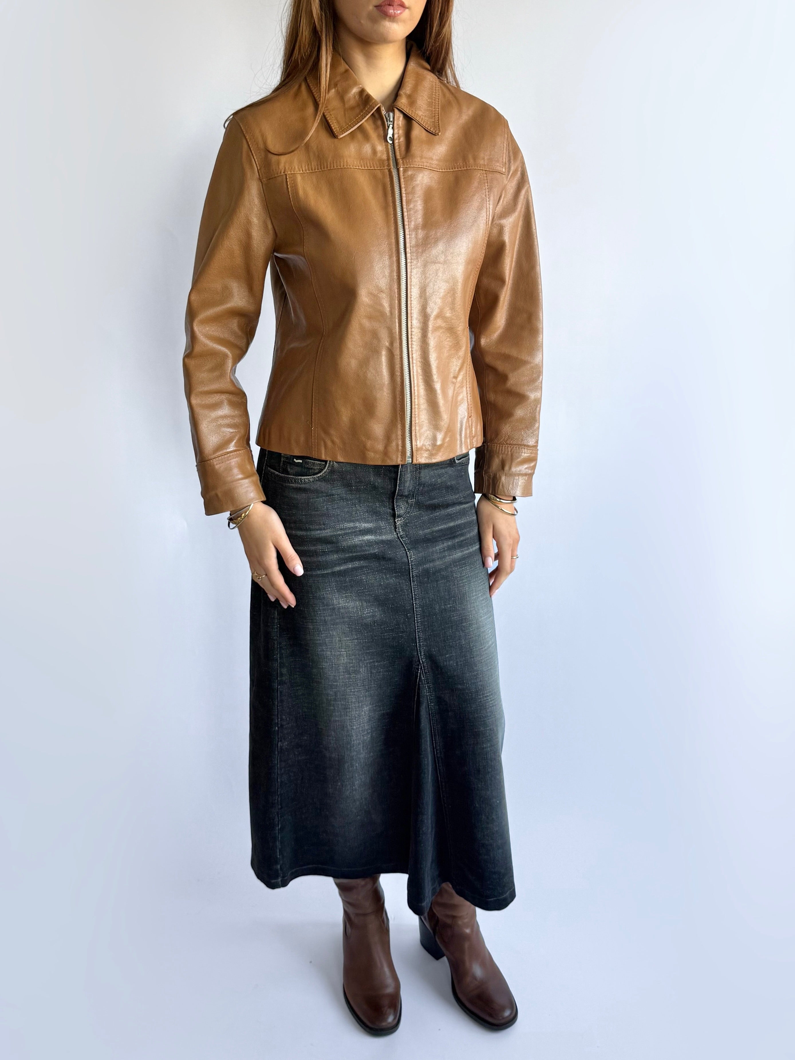 Genuine Leather Zip Jacket - Size M