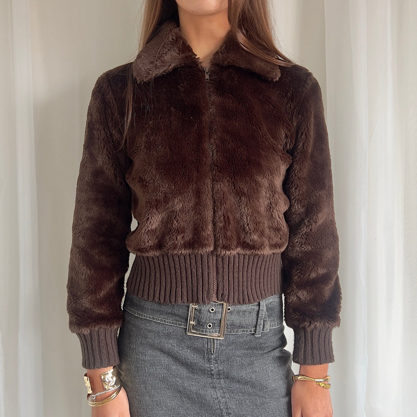 00s Faux Fur & Knit Zip Jacket - Size S