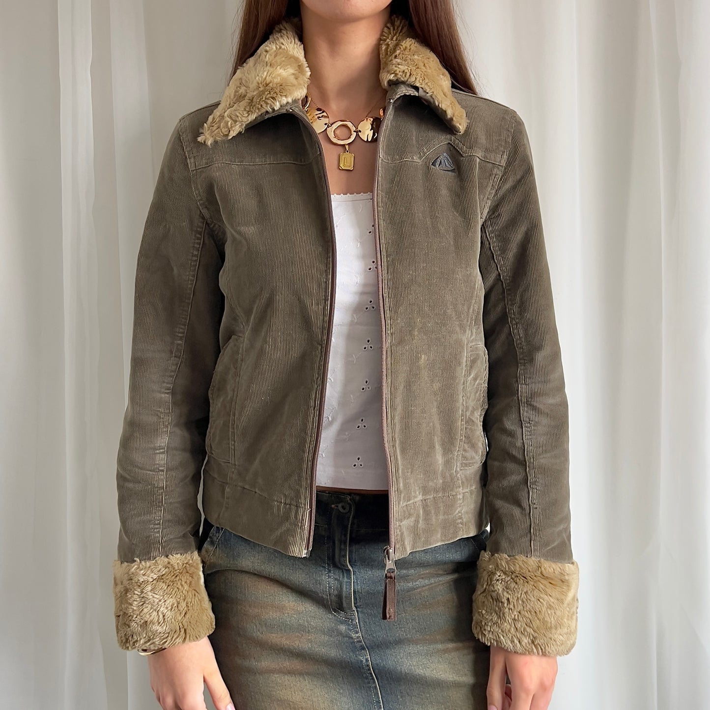 90s Corduroy & Faux Fur Zip Up Jacket - Size XS