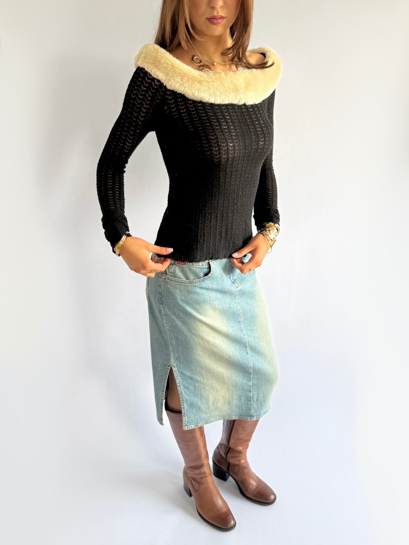 Blumarine Knit Faux Fur Bardot Jumper - Size M