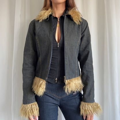 90s Denim & Fur Shearling Zip Up Jacket - Size S