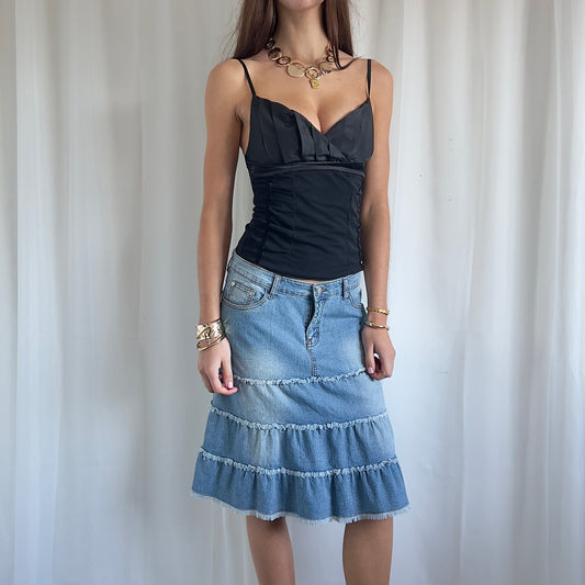 00s Denim Tiered Midi Skirt - Size M