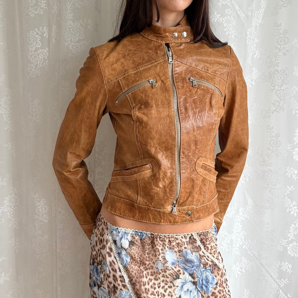 Genuine Leather Double Zip Jacket - Size S