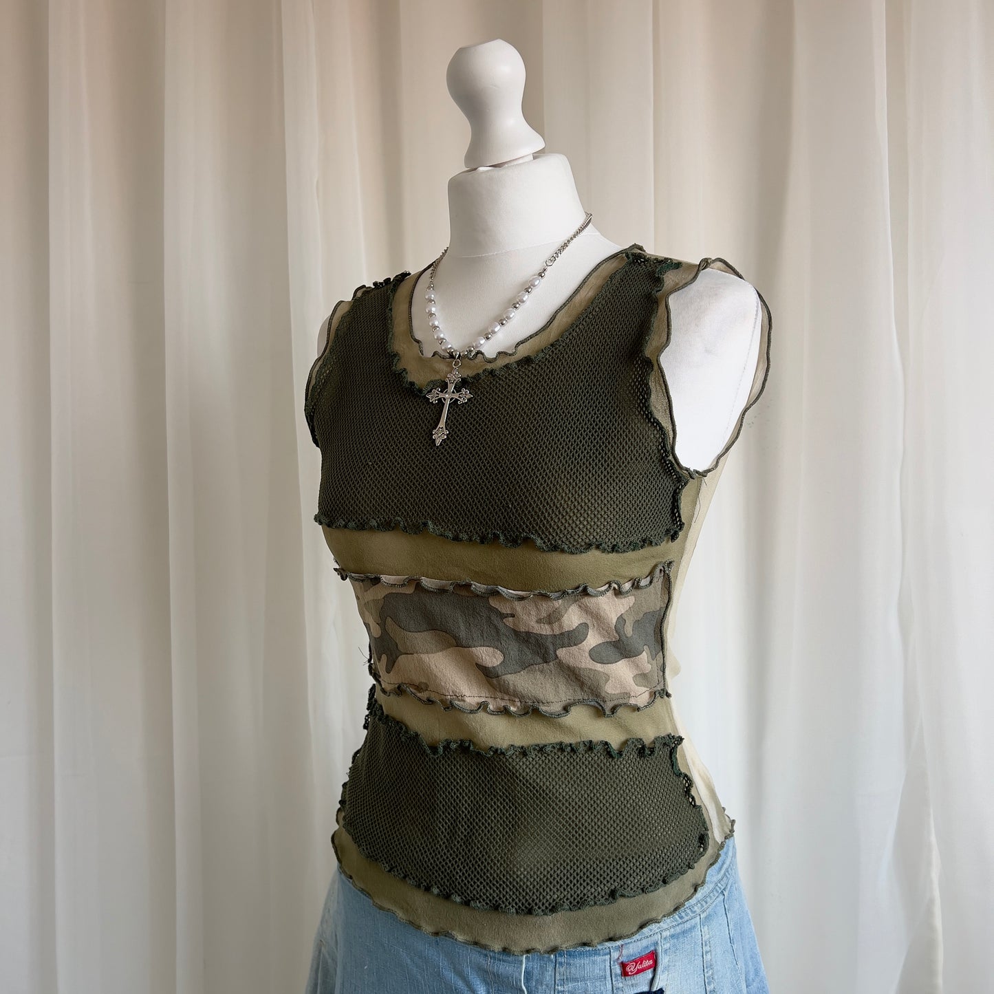 00s Camo Fishnet Crop Top - Size M