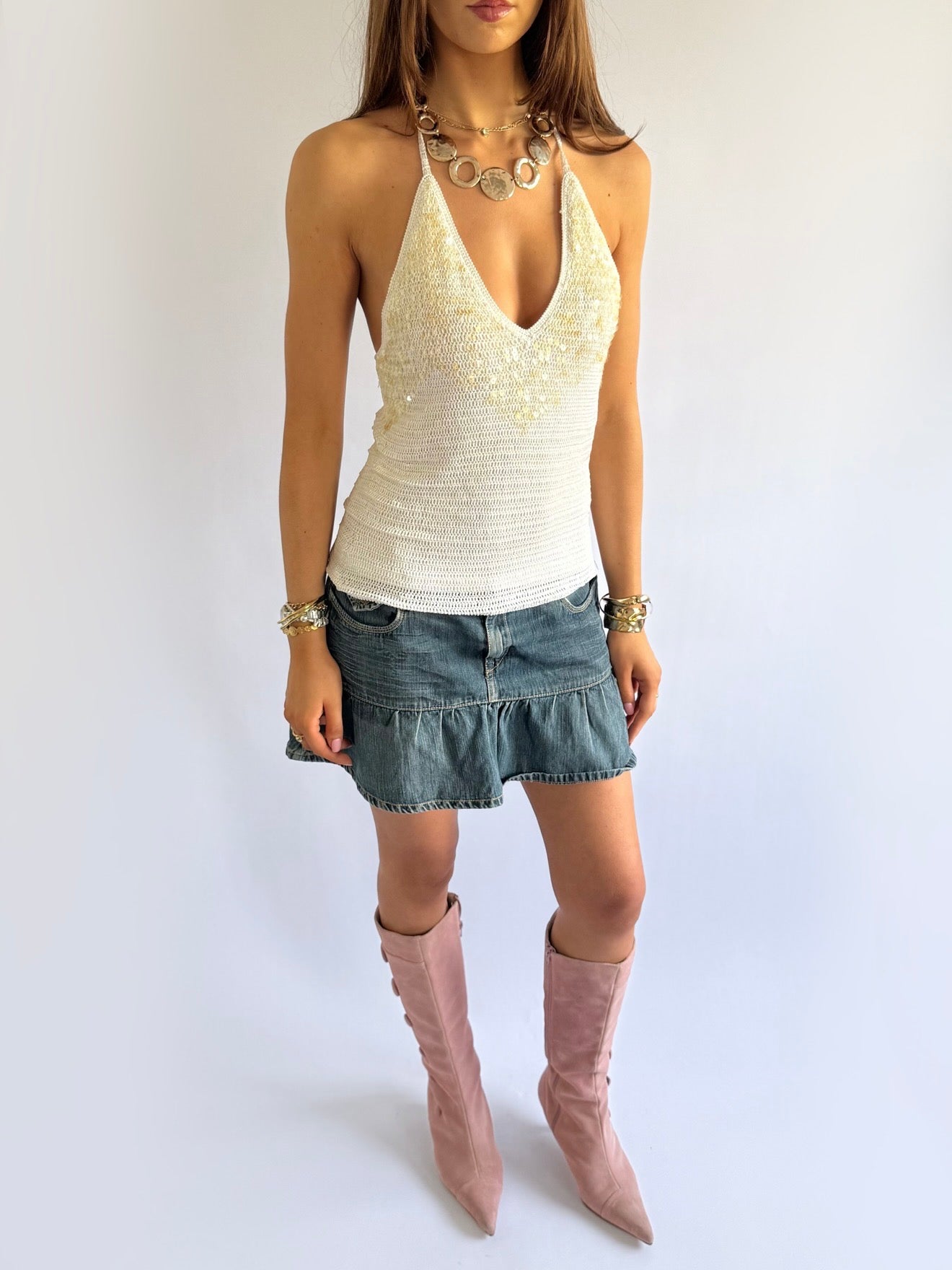 Crochet Sequin Halter Top - Size L