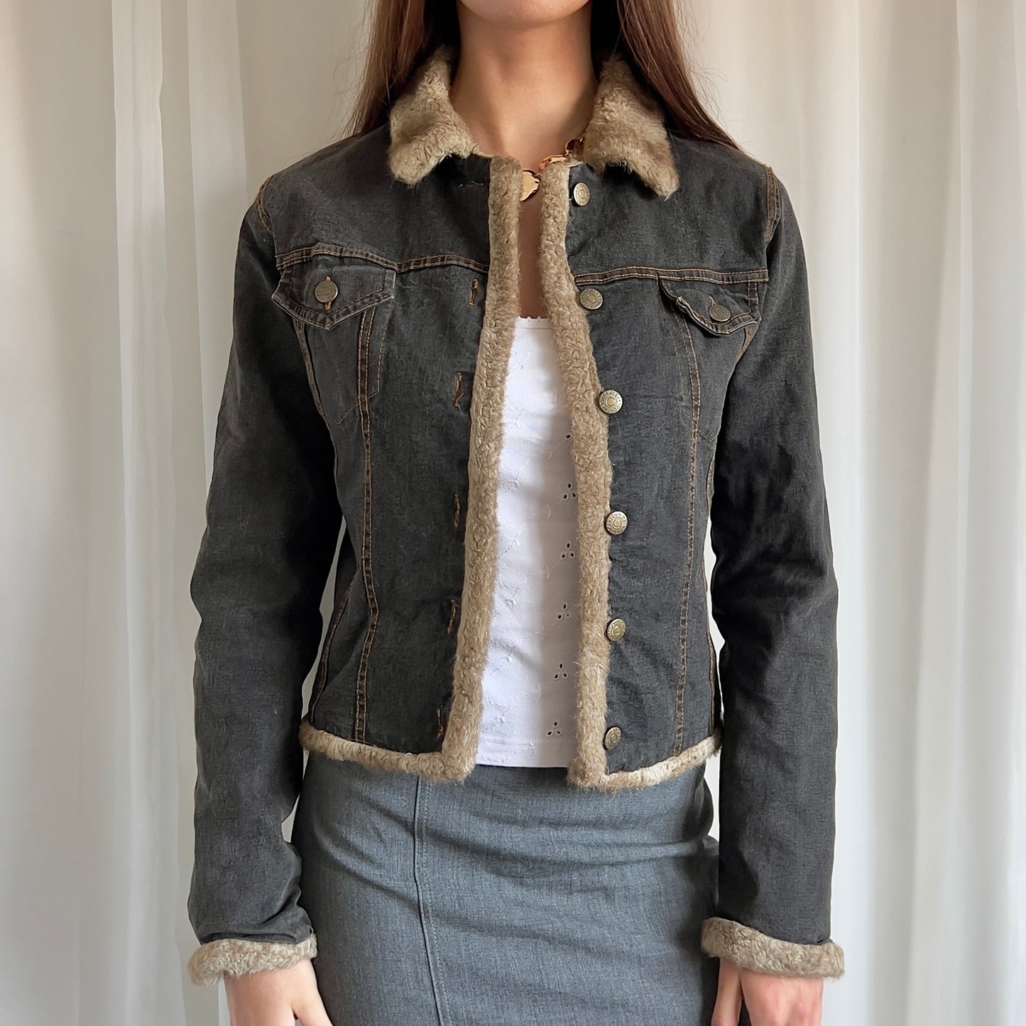 90s Denim & Faux Fur Button Up Jacket - Size M